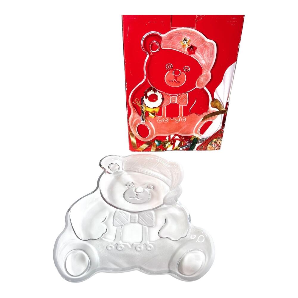Mikasa Teddy Bear Platter 11.5" Crystal Holiday Christmas Serving Plate Box Vtg